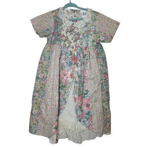 Vintage Jo Lene Floral Short Sleeve Dress USA Crochet Eyelet Cotton Girls Size 5